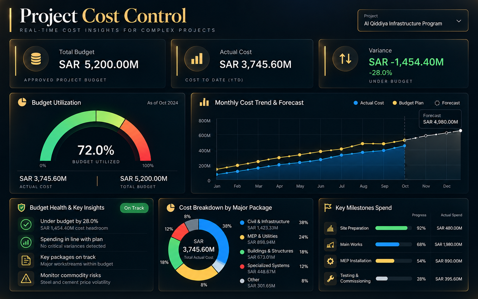Illustrative project cost control dashboard visualization